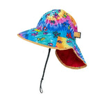 Tie-dyed sun hat with dancing bear patterns and a red interior lining.