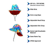 Colorful sun hat with protective features and adjustable straps.