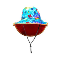 Colorful bucket hat with a red underside and adjustable chin strap.