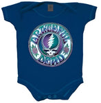 Blue baby onesie featuring a circular Grateful Dead logo design.