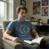 Blue grateful dead t-shirt with circular batik steal graphic featuring the band’s iconic tree logo