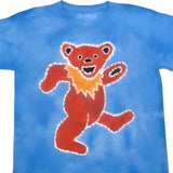 Blue tie-dye t-shirt featuring a red dancing bear with an orange collar and white outline.