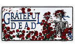 Decorative license plate featuring ’Grateful Dead’ text, a skeleton, and red roses.