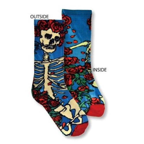 Socks with skeleton and floral design, labeled 'outside' and 'inside'.