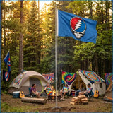 Blue grateful dead steal your face flag with red white and blue skull and lightning bolt design perfect for dancing bears syf fans