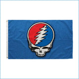 Blue grateful dead steal your face flag with red white and blue skull and lightning bolt design perfect for syf fans