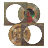 Vinyl record set with artistic cover design featuring faces and text.