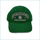 Green baseball cap with ’grateful dead’ and ’the garden’ embroidered in white, featuring a basketball design between two stars.