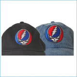 Two baseball caps with a common logo on a white background