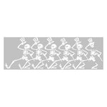 White skeleton design with top hats on a gray background