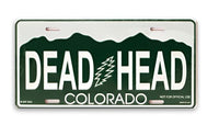 Colorado license plate with ’DEAD HEAD’ text and a lightning bolt symbol.