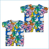 White baby onesie with swirling dancing bears print in pink green blue and yellow perfect dancing bears baby onesie