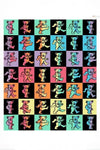 Colorful grid pattern of dancing Grateful Dead bears in various poses and hues.