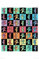 Colorful grid pattern of dancing Grateful Dead bears in various poses and hues.