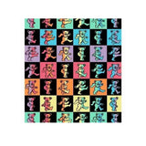 Checkered pattern with dancing bear illustrations in various colors on a white background