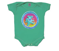 Green baby onesie with a colorful circular graphic featuring a dancing bear.