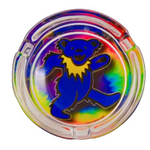 Rainbow-colored circular object with a logo on a white background