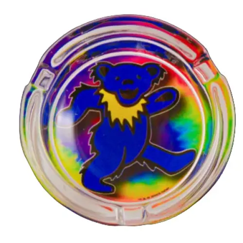 Rainbow-colored circular object with a logo on a white background