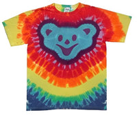 Tie-dye t-shirt featuring a smiling bear face design.