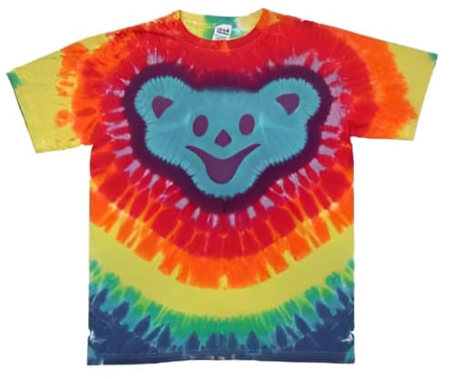 Tie-dye t-shirt featuring a smiling bear face design.