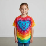Tie-dye t-shirt with a bear face design on a white background