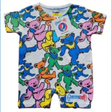 Baby romper with colorful bear pattern on a white background