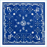 Blue bandana with white patterns and text