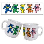 Two white mugs with colorful bear designs on a white background.