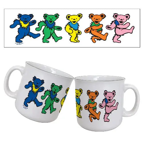 Two white mugs with colorful bear designs on a white background.