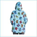 Light blue fuzzy hoodie featuring a playful all-over print of colorful dancing bears in various hues.