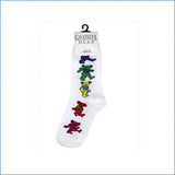 White sock with colorful embroidered grateful dead dancing bears in rainbow hues perfect grateful dead socks