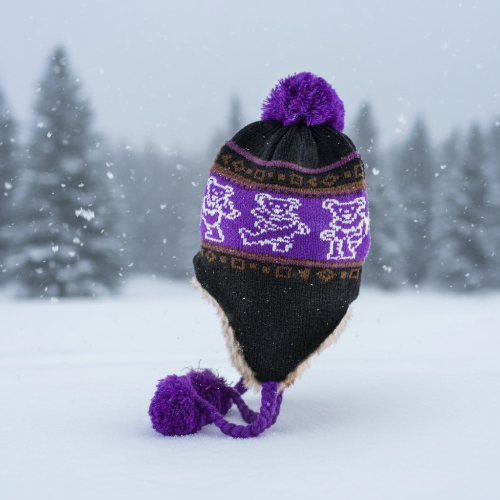 Black and purple knitted hat with a pattern of bears in a snowy landscape