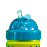 Turquoise sippy cup lid with a built-in straw attached to a yellow base.