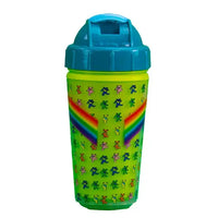 Bright green sippy cup with dancing bears and a rainbow pattern, topped with a turquoise lid.