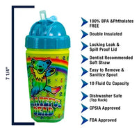 Colorful Grateful Dead-themed children’s sippy cup with a dancing bear design and rainbow pattern.