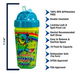 Colorful Grateful Dead-themed children’s sippy cup with a dancing bear design and rainbow pattern.