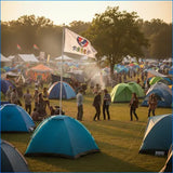 Camping scene with tents and people at a festival or event, with a flag in the foreground.