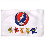 White flag featuring the iconic grateful dead logo with a red, white, and blue lightning bolt skull design centered above five dancing bears in yellow, red, orange, light yellow, and blue.
