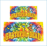 Vibrant tie-dye grateful dead sticker featuring five dancing bears in blue, green, yellow, orange, and pink against a psychedelic rainbow background.