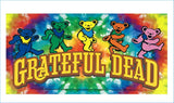 Vibrant tie-dye poster featuring five dancing bears in blue, green, yellow, orange, and pink against a psychedelic rainbow background with bold ’grateful dead’ lettering.