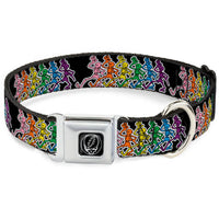 Dog collar with colorful dancing skeletons design on a white background