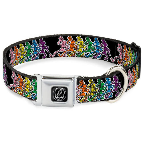 Dog collar with colorful dancing skeletons design on a white background