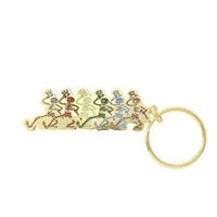 Keychain with colorful frog designs on a white background