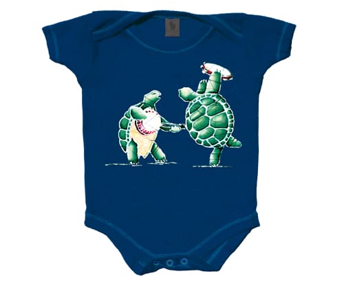 Navy blue baby onesie with a cartoon print of two turtles fist-bumping.