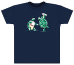 Navy blue t-shirt featuring a cartoon graphic of two turtles fist-bumping.