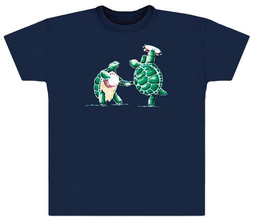 Navy blue t-shirt featuring a cartoon graphic of two turtles fist-bumping.