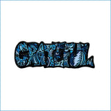 Blue and black grateful dead enamel pin with intricate graffiti-style lettering.