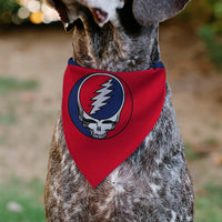 Dog wearing a red bandana with a Grateful Dead logo