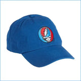 A blue baseball cap featuring the embroidered Grateful Dead Steerneck Skull logo on the front, set against a plain white background.