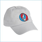 A light gray baseball cap featuring the Grateful Dead skull logo embroidered on the front, set against a plain white background.